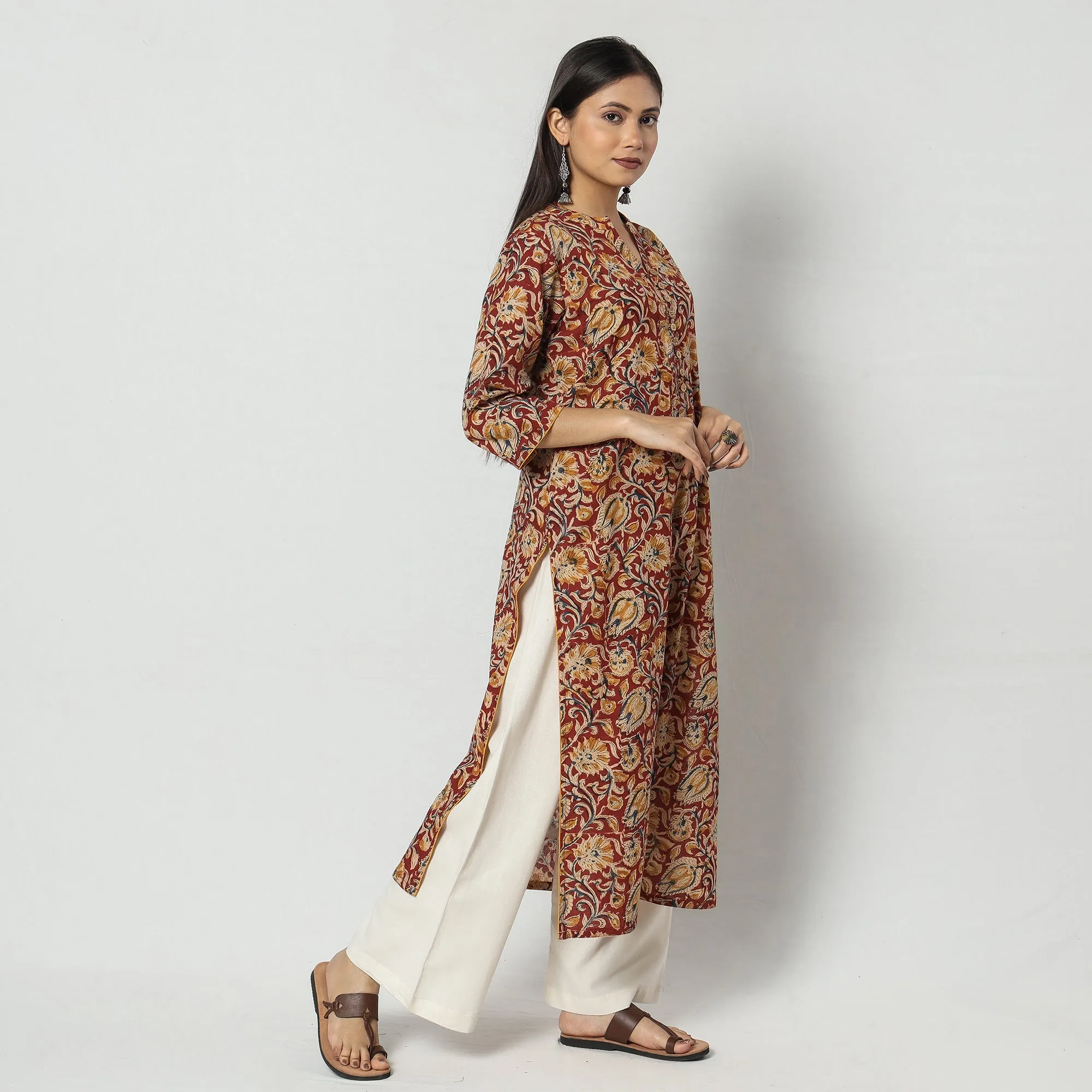 Red - Kalamkari Block Printed Cotton Long Straight Kurta sold by Itokri product image thumbnail 2