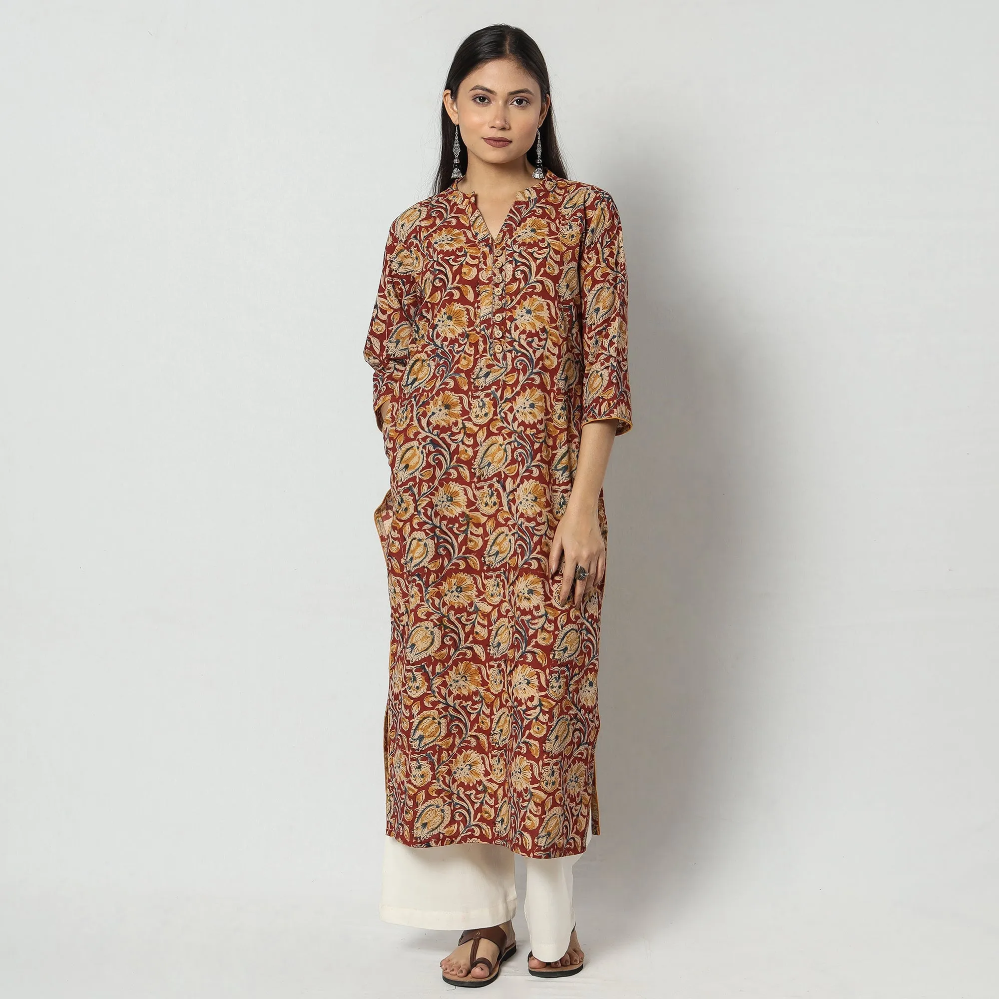 Red - Kalamkari Block Printed Cotton Long Straight Kurta sold by Itokri product image thumbnail 3