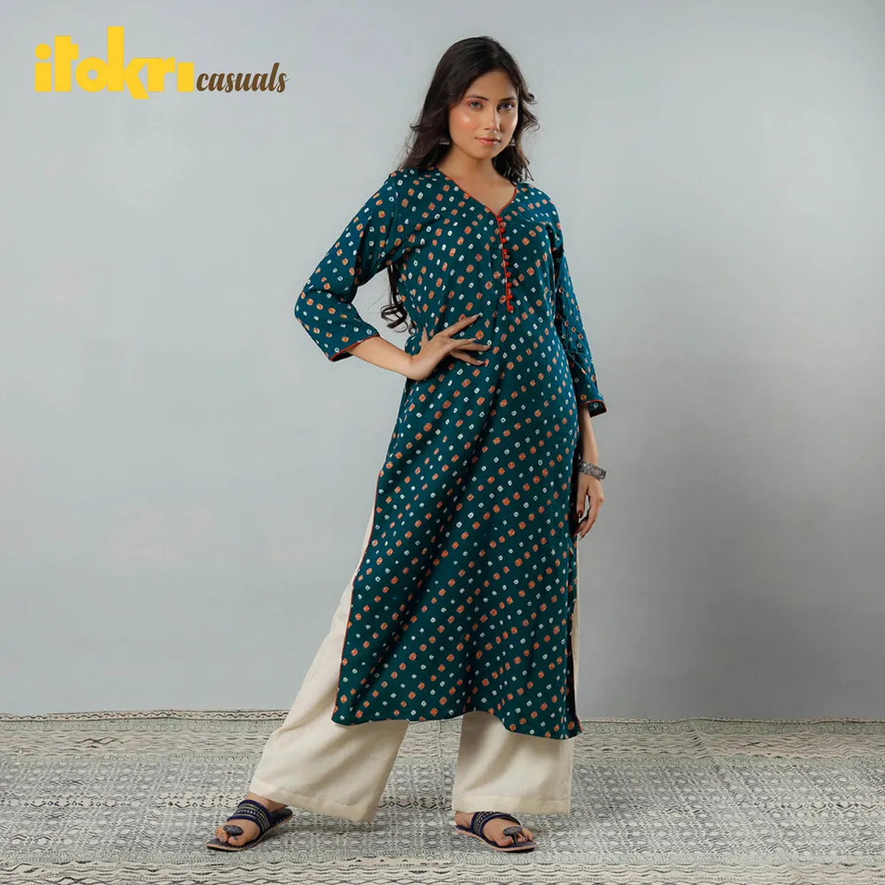 Midnight Green - Bandhani Tie-dye Cotton Long Straight Kurta sold by Itokri product image thumbnail 2