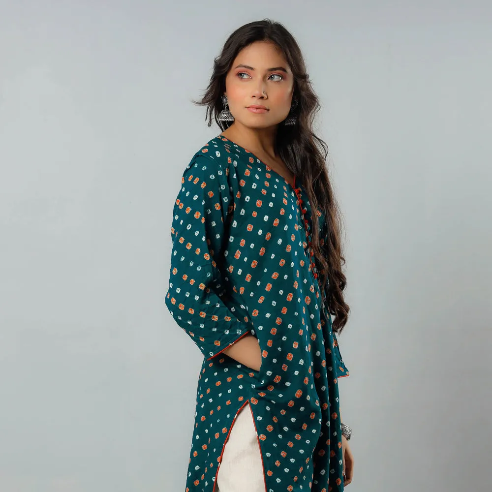 Midnight Green - Bandhani Tie-dye Cotton Long Straight Kurta sold by Itokri product image thumbnail 3