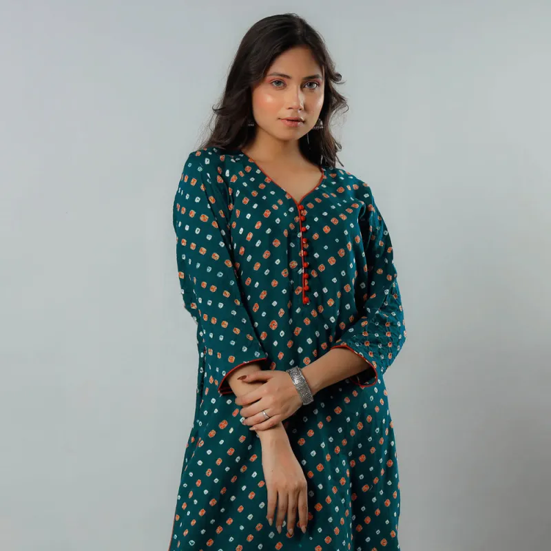 Midnight Green - Bandhani Tie-dye Cotton Long Straight Kurta made by Itokri