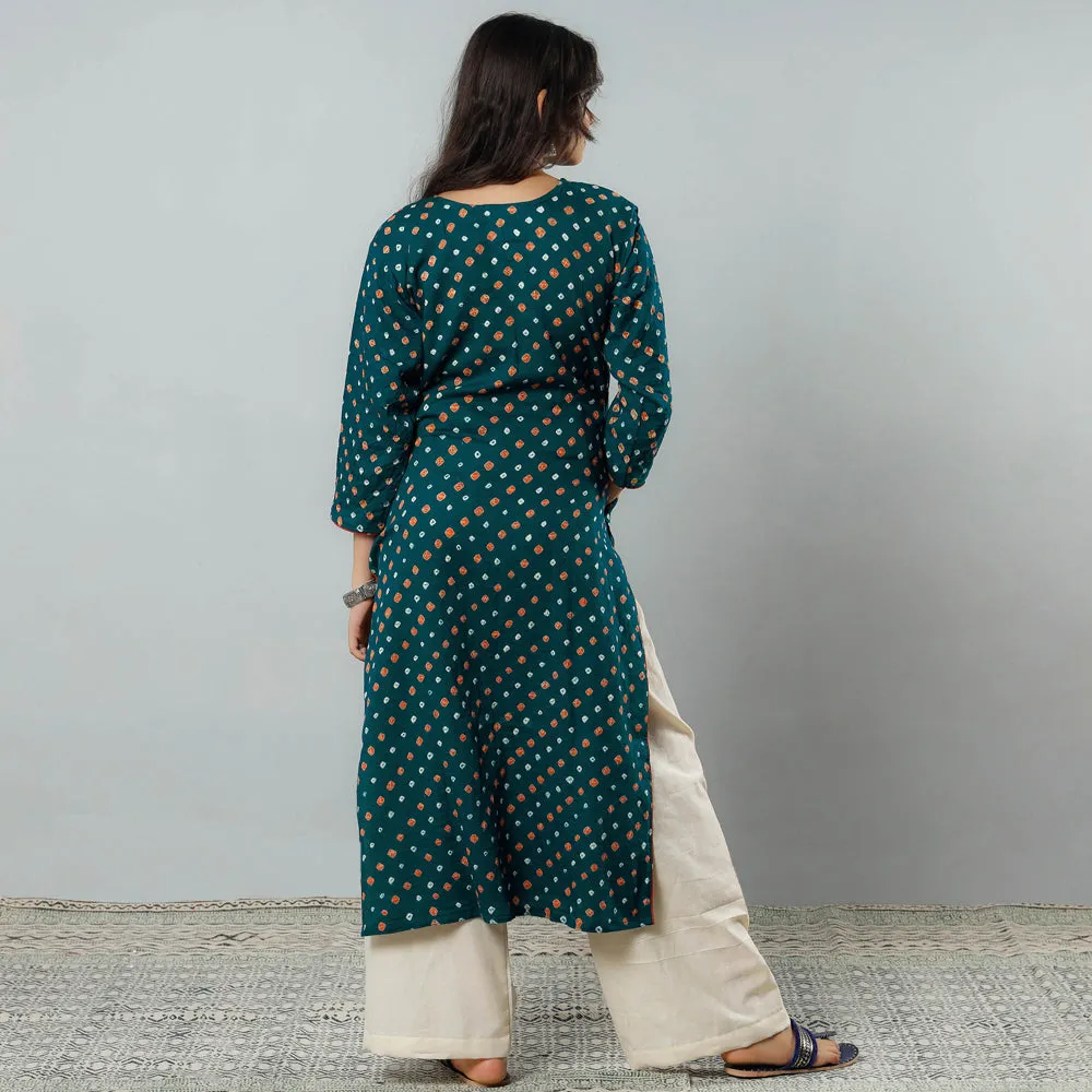 Midnight Green - Bandhani Tie-dye Cotton Long Straight Kurta sold by Itokri product image thumbnail 4