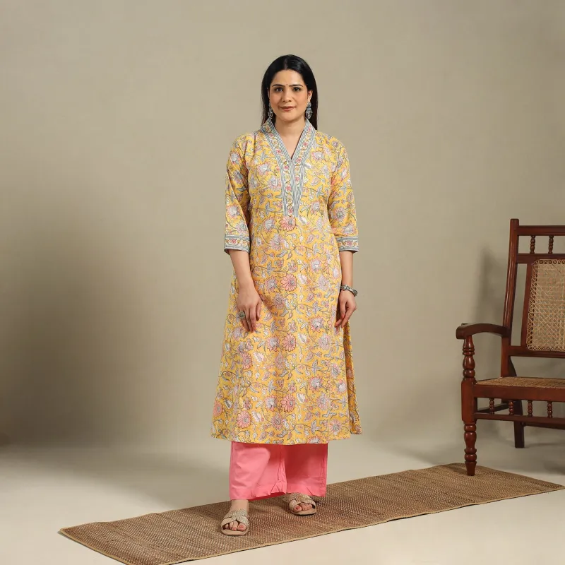Yellow - Block Print Cotton A-Line Sanganeri Long Kurta 10 made by Itokri