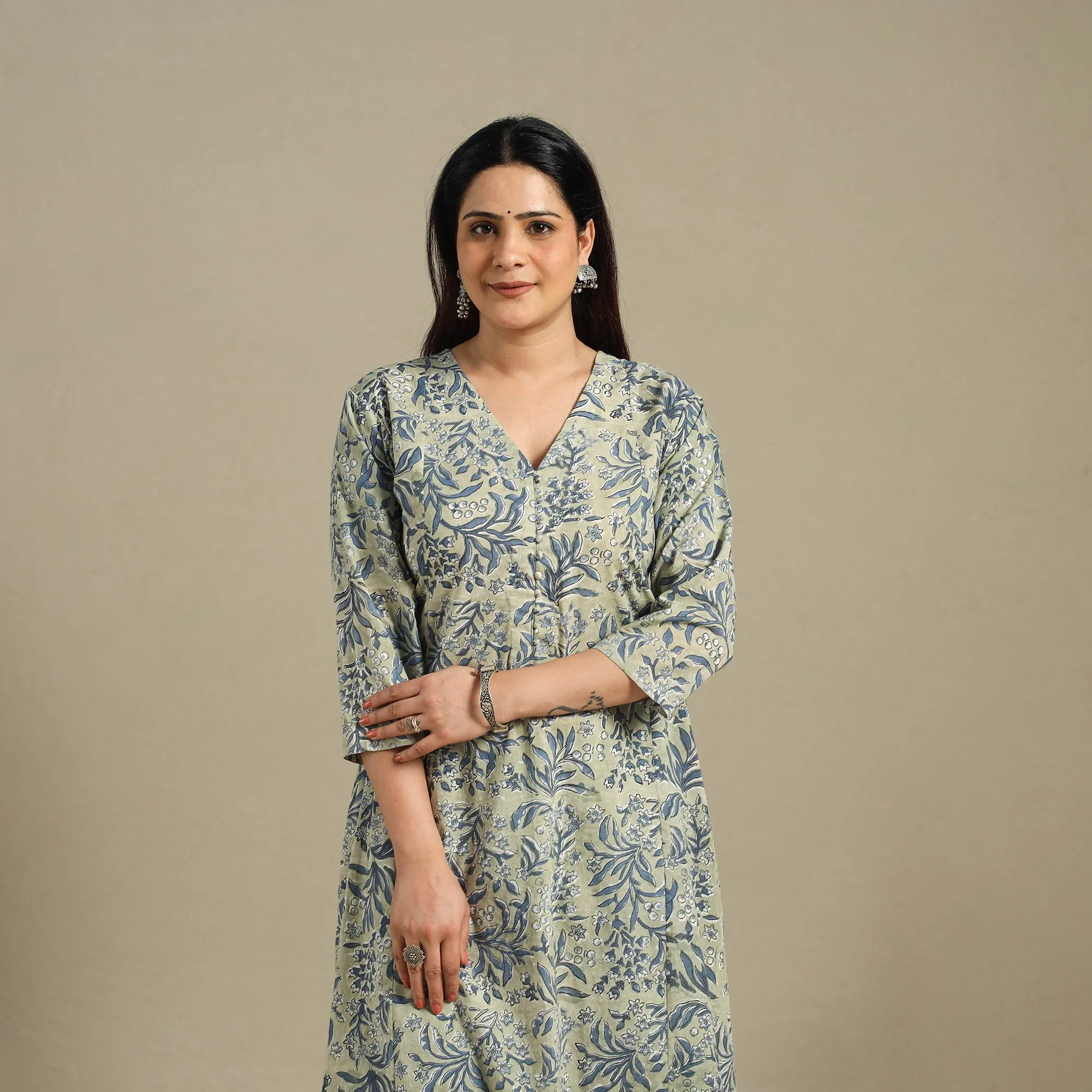 Green - Block Print Cotton A-Line Sanganeri Long Kurta 09 sold by Itokri product image thumbnail 4