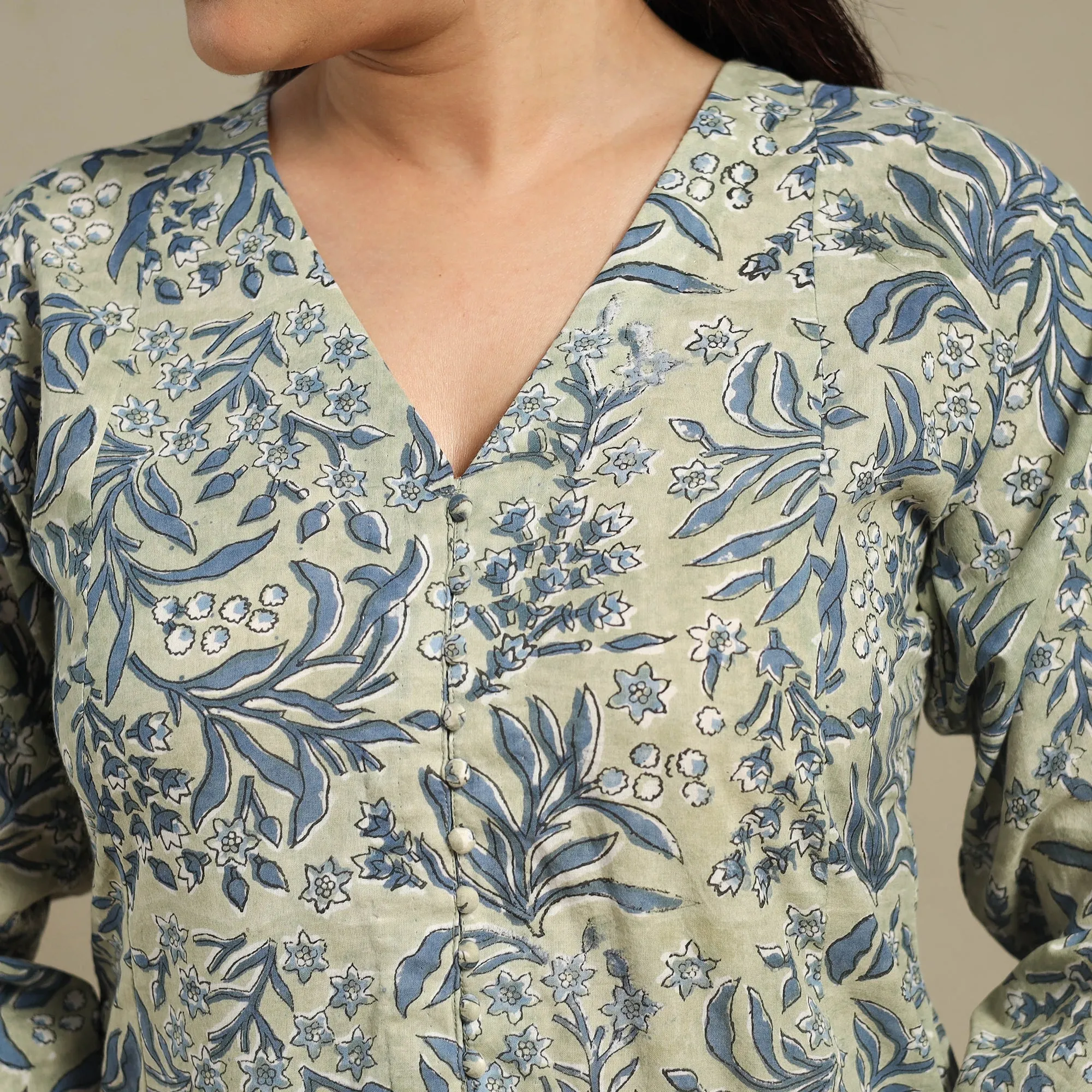 Green - Block Print Cotton A-Line Sanganeri Long Kurta 09 sold by Itokri product image thumbnail 5