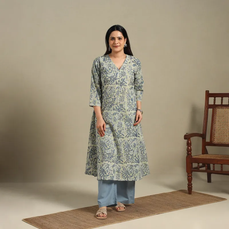 Green - Block Print Cotton A-Line Sanganeri Long Kurta 09 made by Itokri
