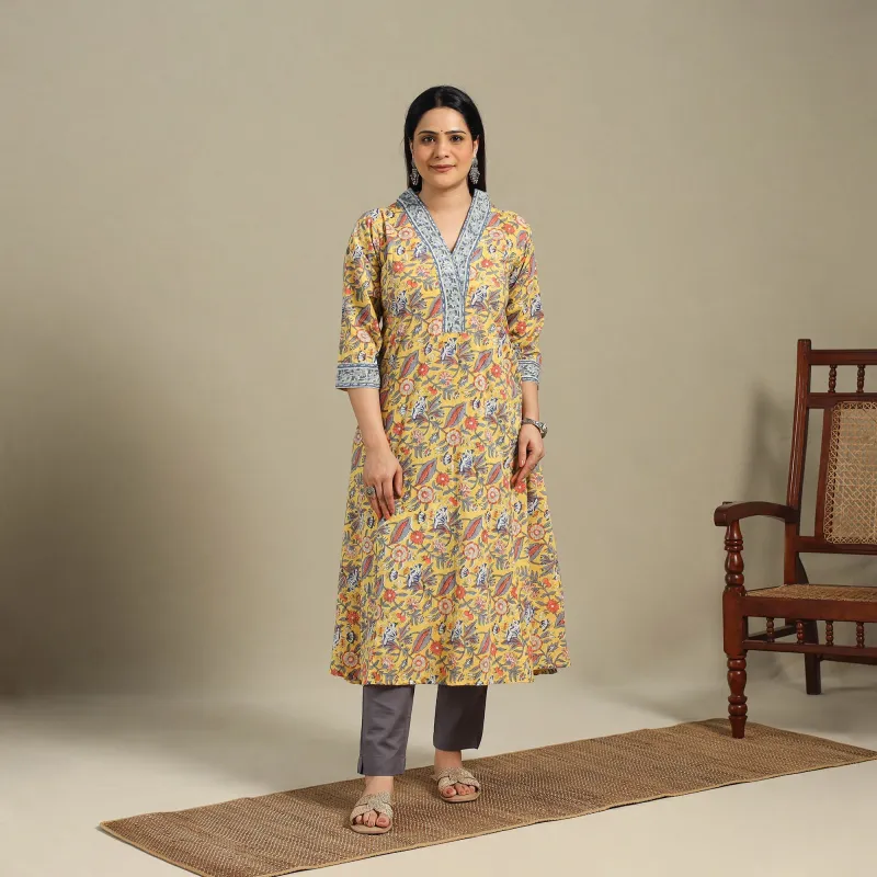 Yellow - Block Print Cotton A-Line Sanganeri Long Kurta 09 made by Itokri