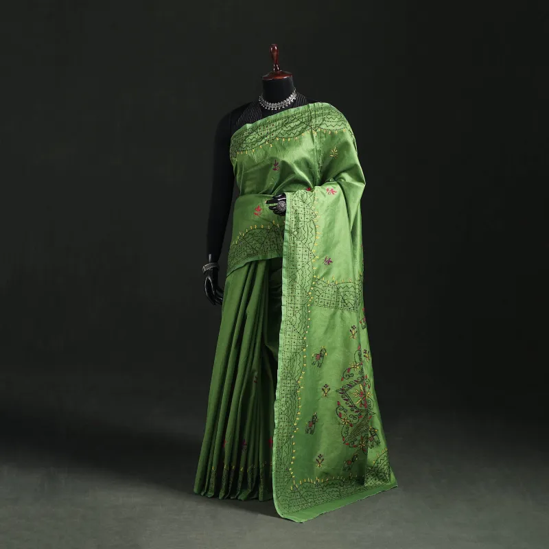 Green - Hand Embroidered Silk Saree 73 made by Itokri