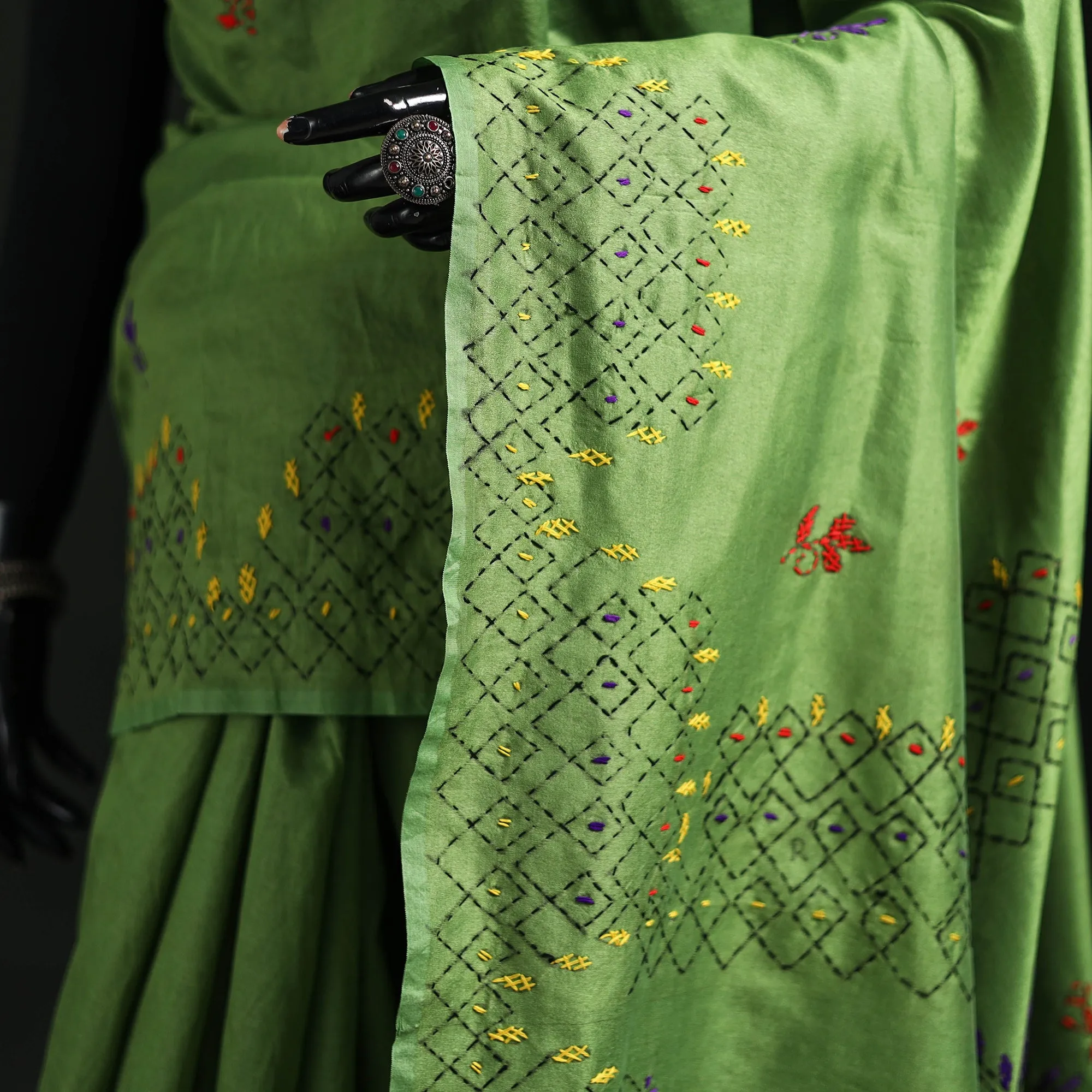 Green - Hand Embroidered Silk Saree 71 sold by Itokri product image thumbnail 3
