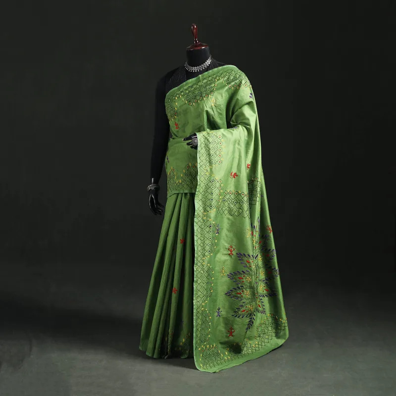 Green - Hand Embroidered Silk Saree 71 made by Itokri