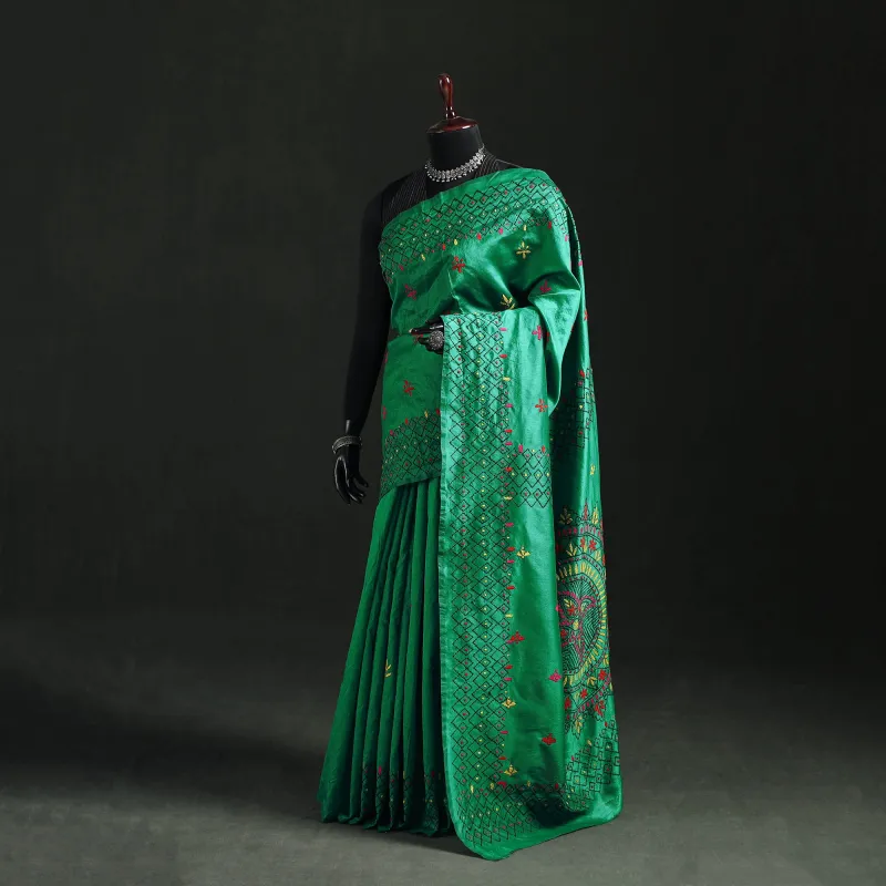 Green - Hand Embroidered Silk Saree 62 made by Itokri