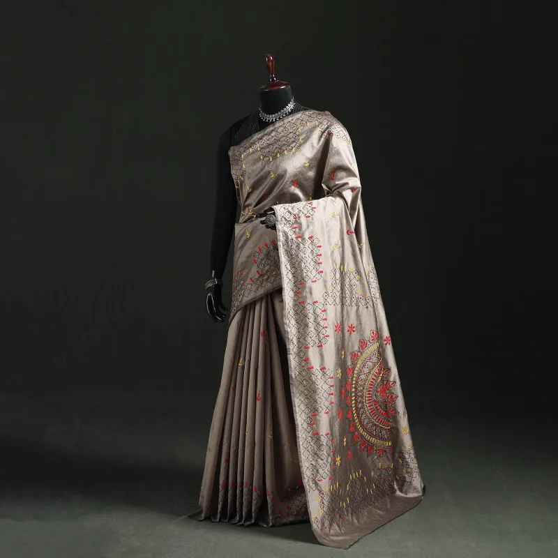Brown - Hand Embroidered Silk Saree 42 made by Itokri