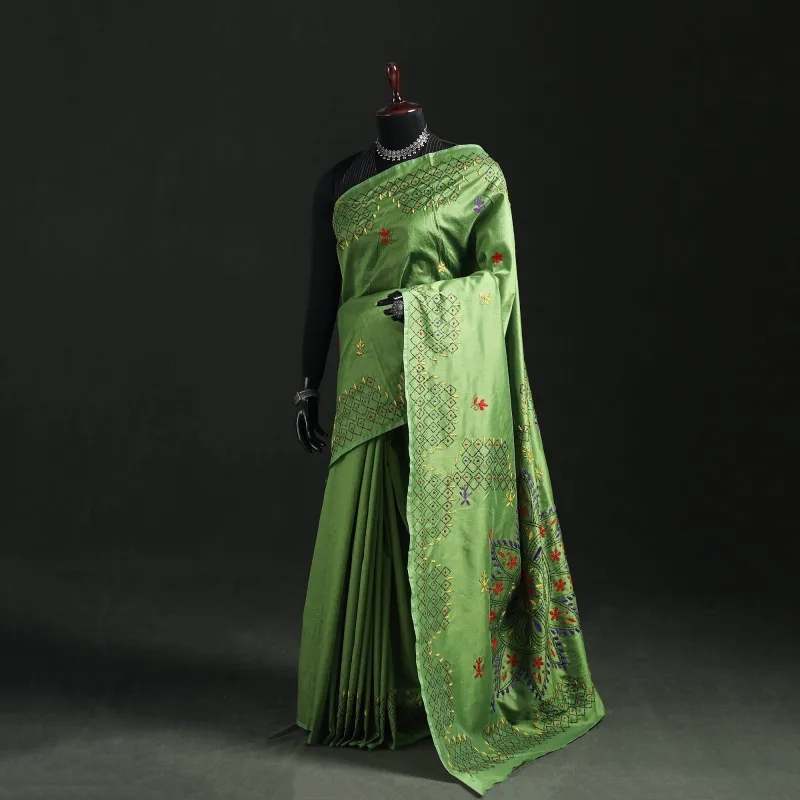Green - Hand Embroidered Silk Saree 40 made by Itokri