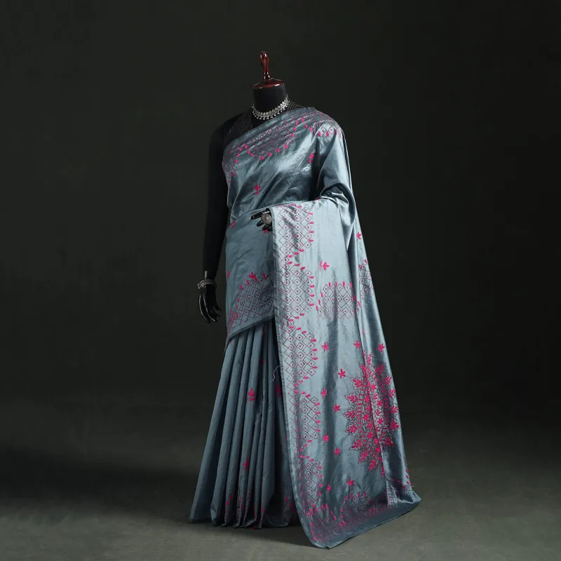Grey - Hand Embroidered Silk Saree 33 made by Itokri