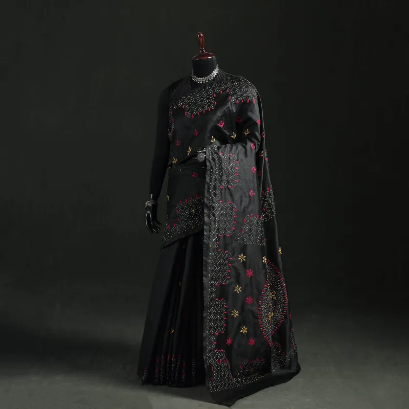 Black - Hand Embroidered Silk Saree 30 made by Itokri