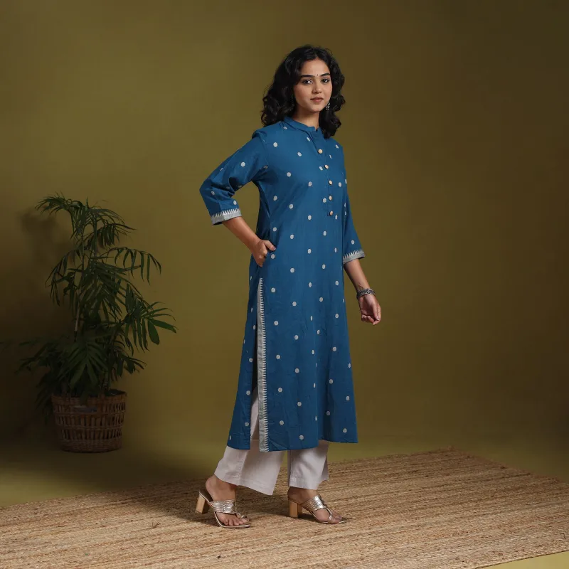 Blue - Cotton Straight Jacquard Long Kurta 04 made by Itokri
