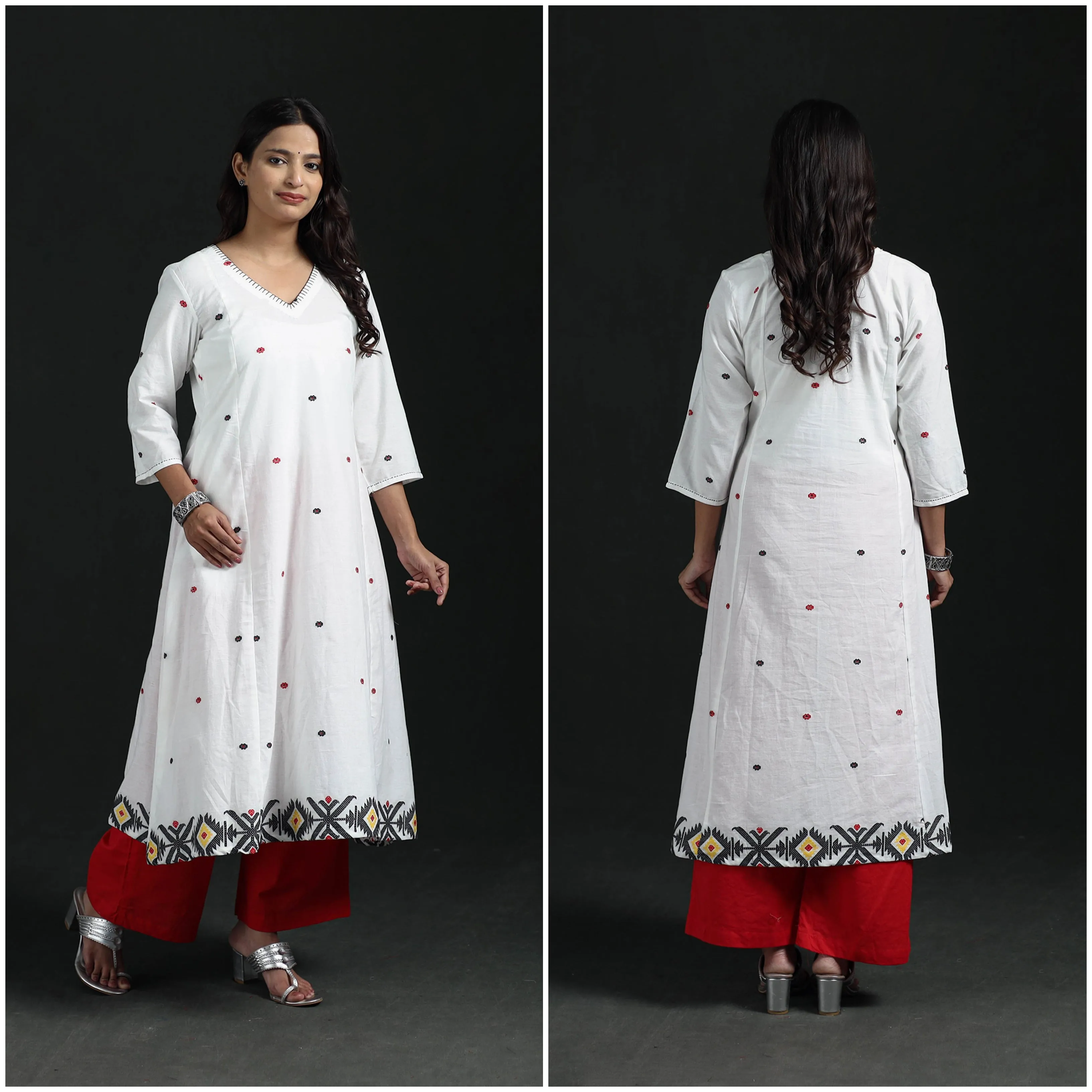 White - Hand Embroidered Jacquard Cotton A-Line Long Kurta for Women 01 sold by Itokri product image thumbnail 4