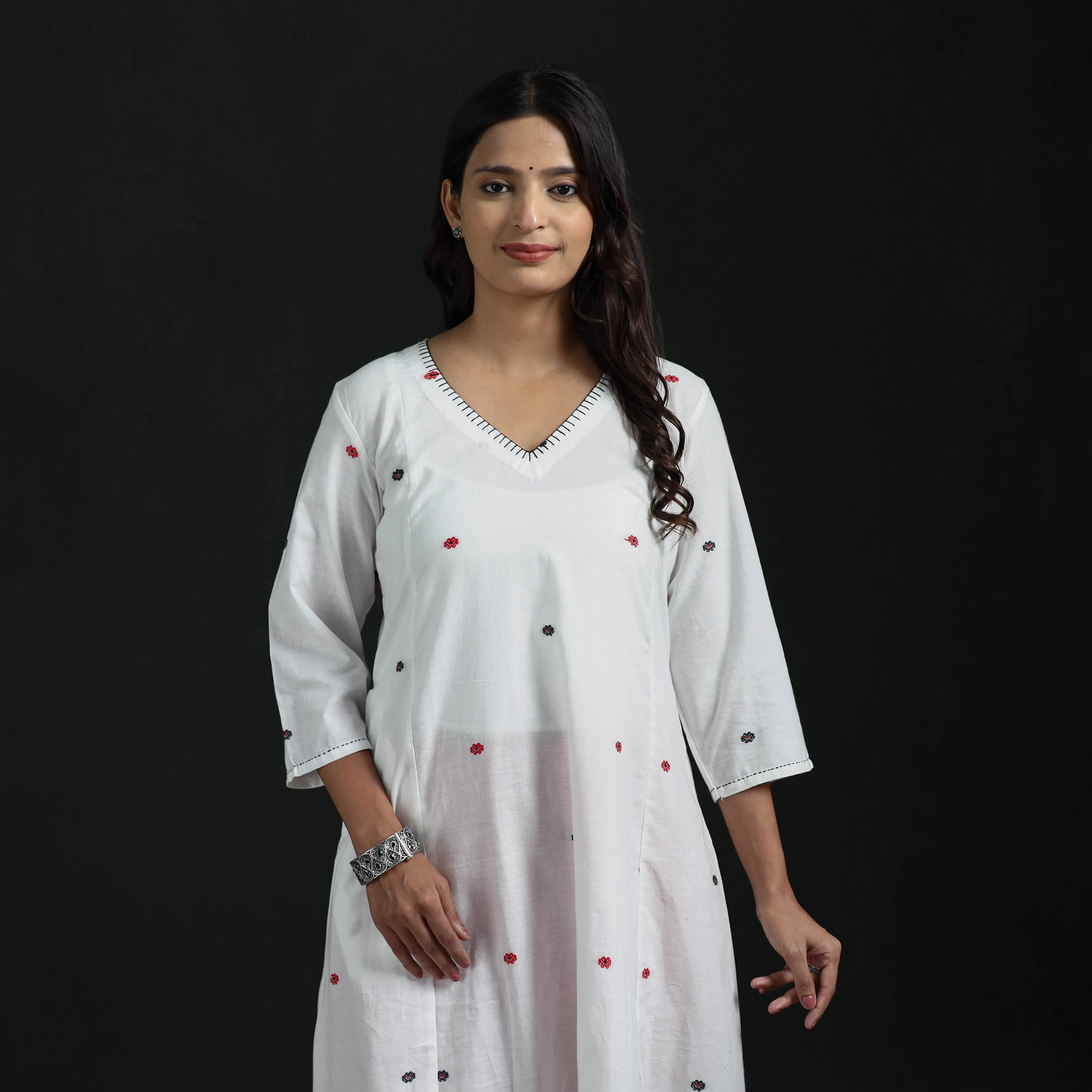 White - Hand Embroidered Jacquard Cotton A-Line Long Kurta for Women 01 sold by Itokri product image thumbnail 2