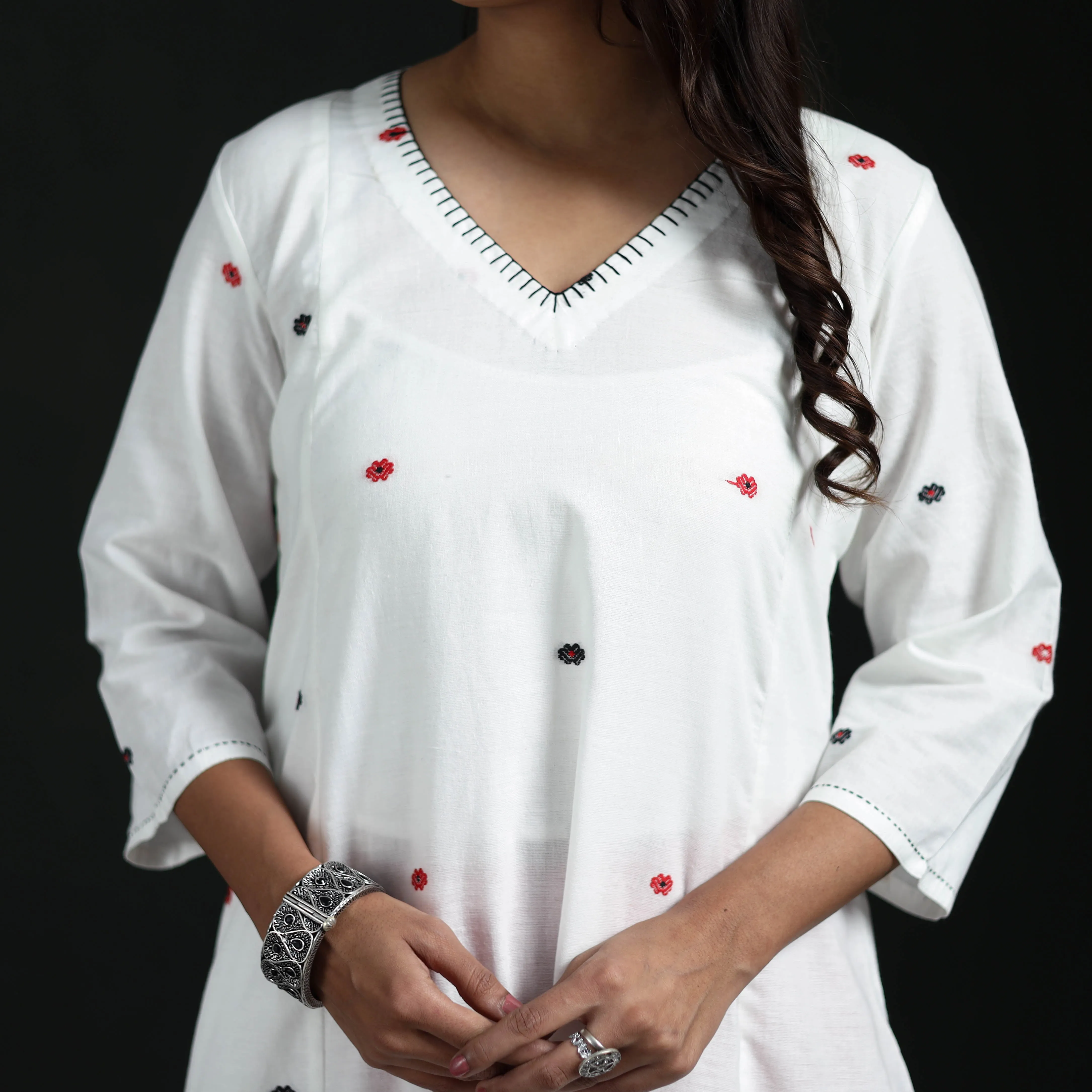 White - Hand Embroidered Jacquard Cotton A-Line Long Kurta for Women 01 sold by Itokri product image thumbnail 3