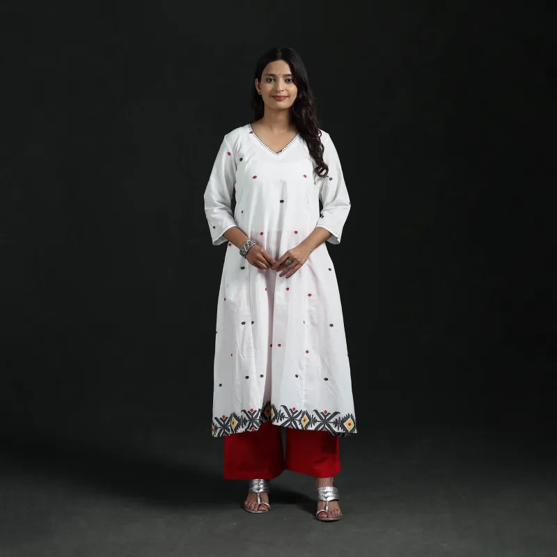White - Hand Embroidered Jacquard Cotton A-Line Long Kurta for Women 01 made by Itokri