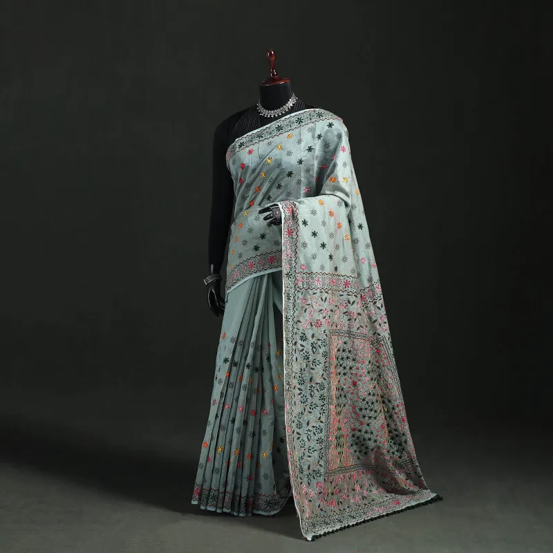Green - Hand Embroidered Chapa Work Silk Cotton Saree 35 made by Itokri