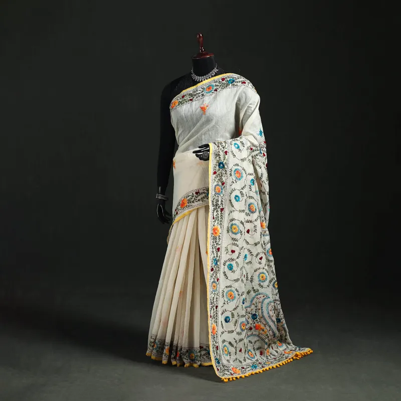 White - Hand Embroidered Chapa Work Silk Cotton Saree 34 made by Itokri