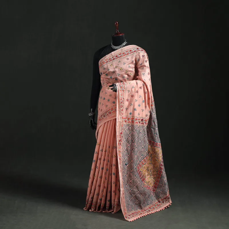 Peach - Hand Embroidered Chapa Work Silk Cotton Saree 29 made by Itokri