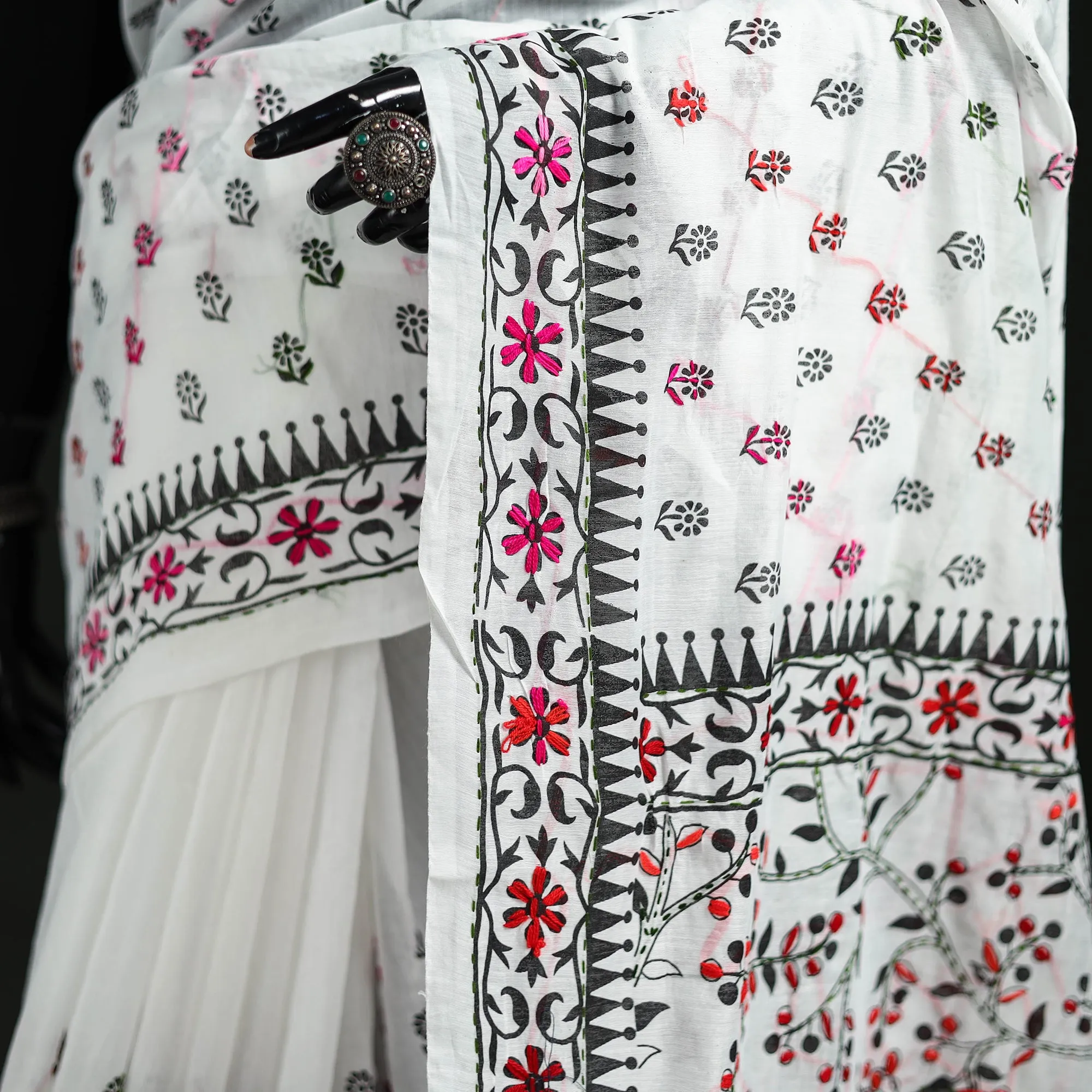 White - Hand Embroidered Chapa Work Silk Cotton Saree 28 sold by Itokri product image thumbnail 3