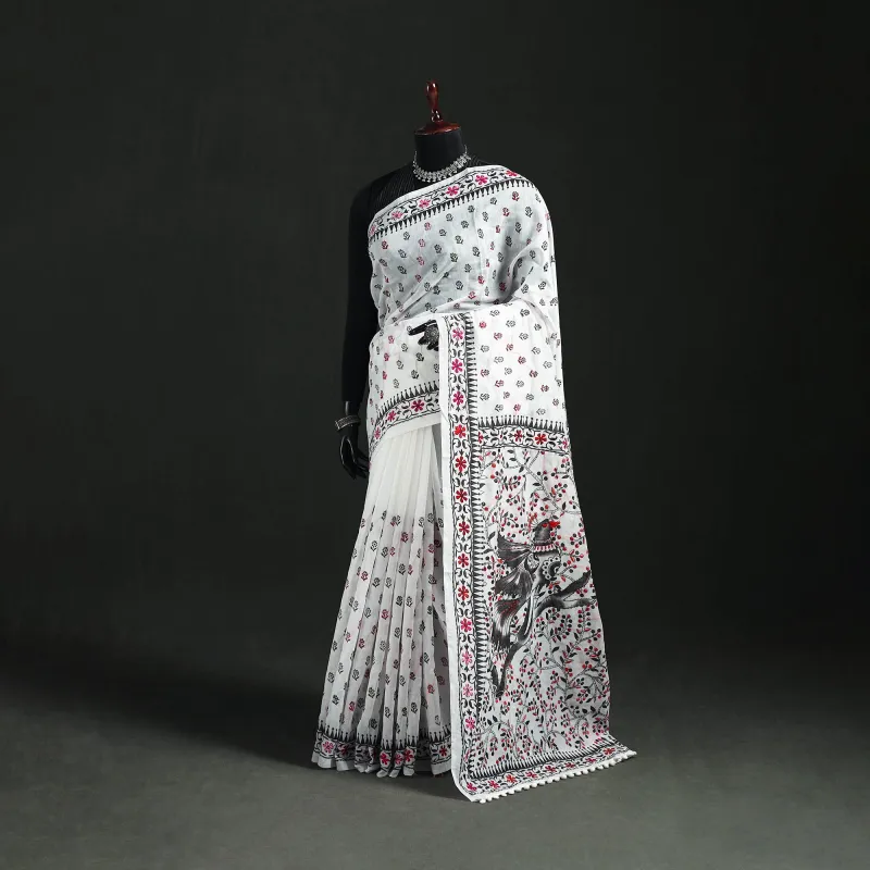 White - Hand Embroidered Chapa Work Silk Cotton Saree 28 made by Itokri