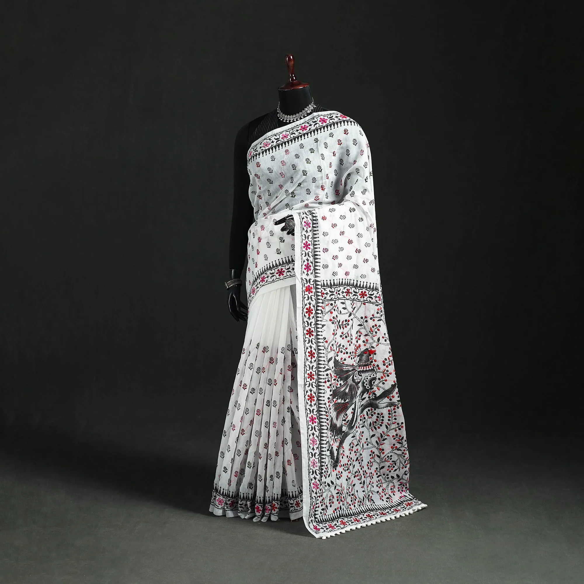 White - Hand Embroidered Chapa Work Silk Cotton Saree 28 sold by Itokri