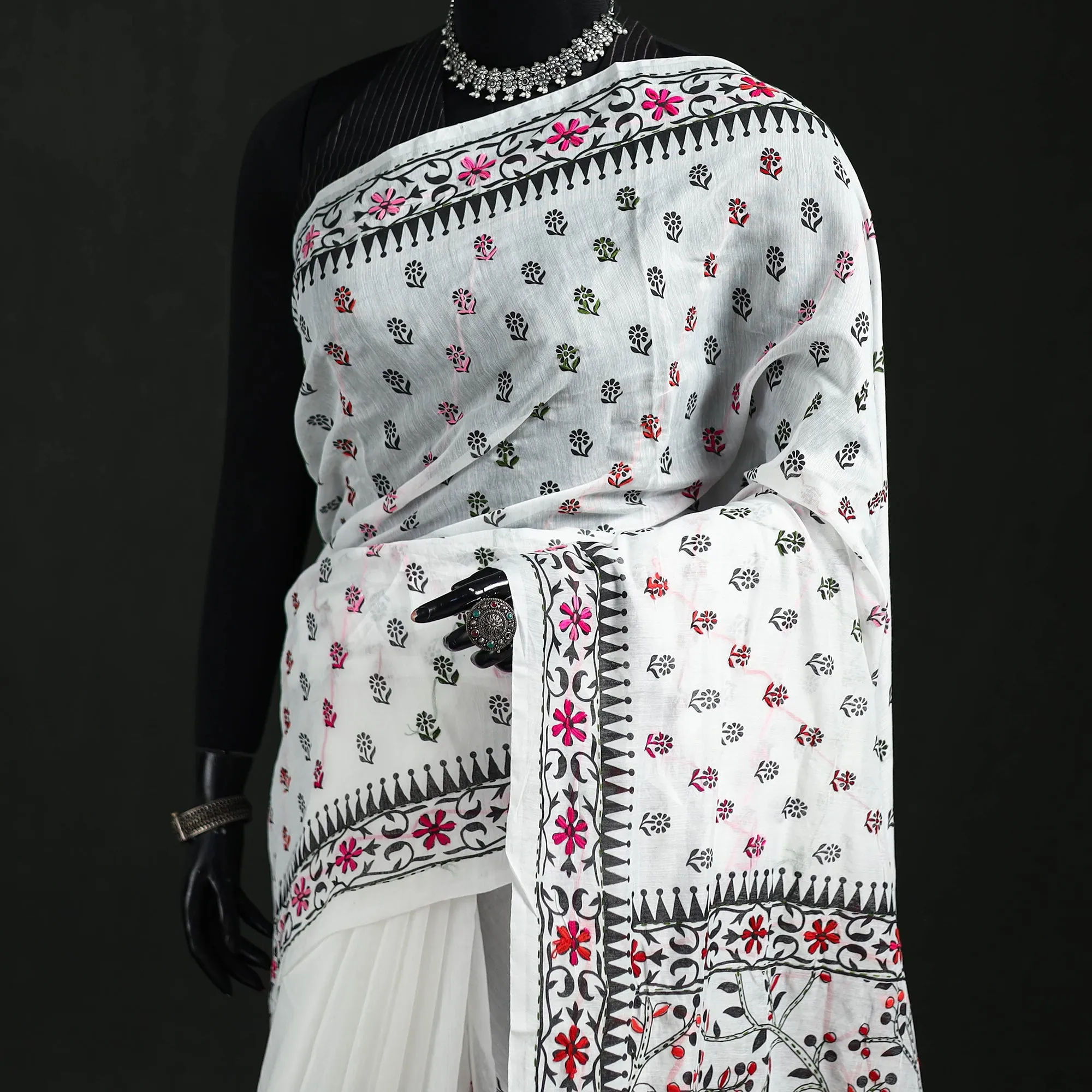 White - Hand Embroidered Chapa Work Silk Cotton Saree 28 sold by Itokri product image thumbnail 2