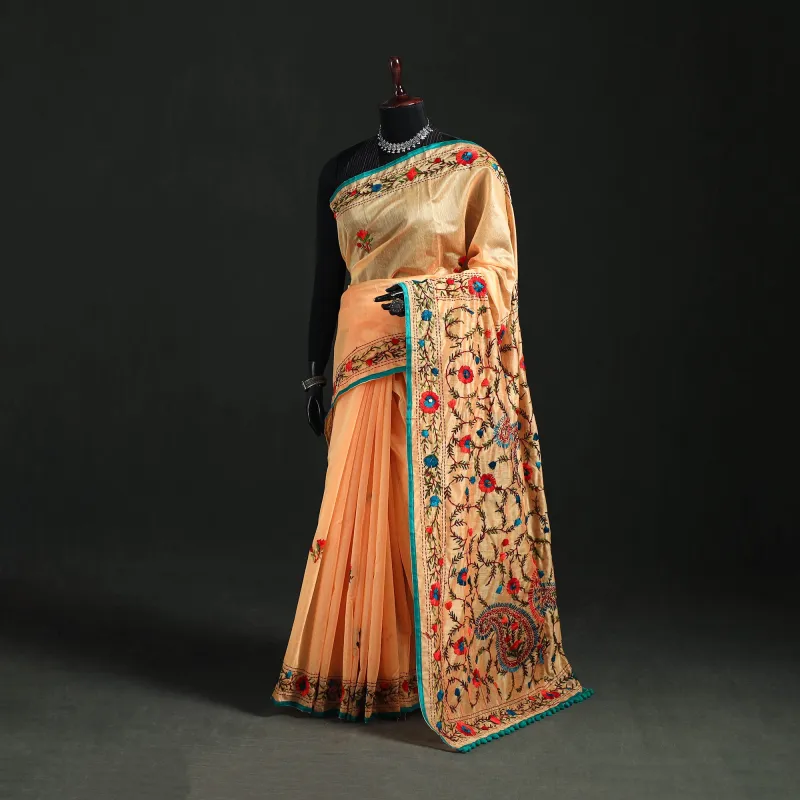 Peach - Hand Embroidered Chapa Work Silk Cotton Saree 27 made by Itokri