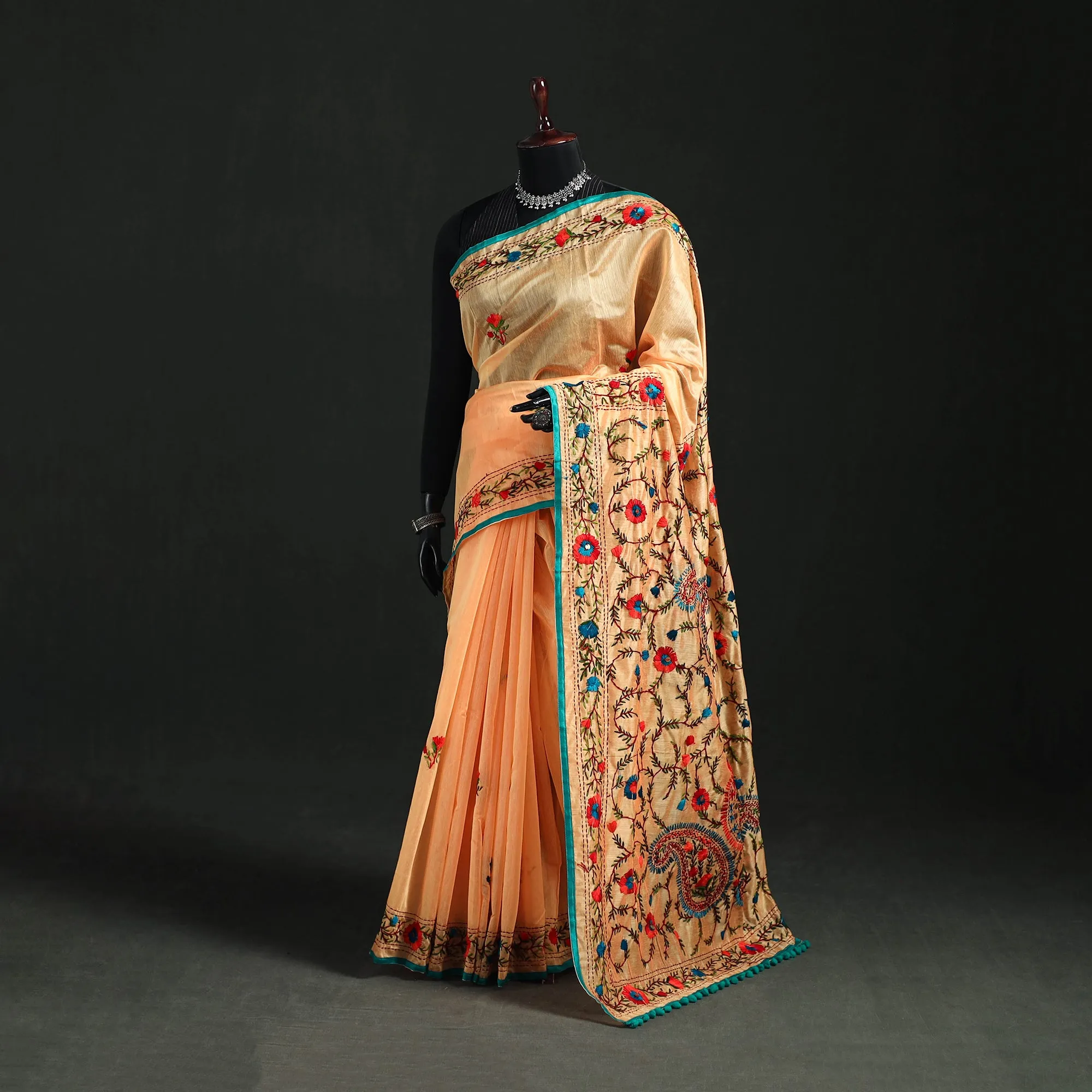 Peach - Hand Embroidered Chapa Work Silk Cotton Saree 27 sold by Itokri