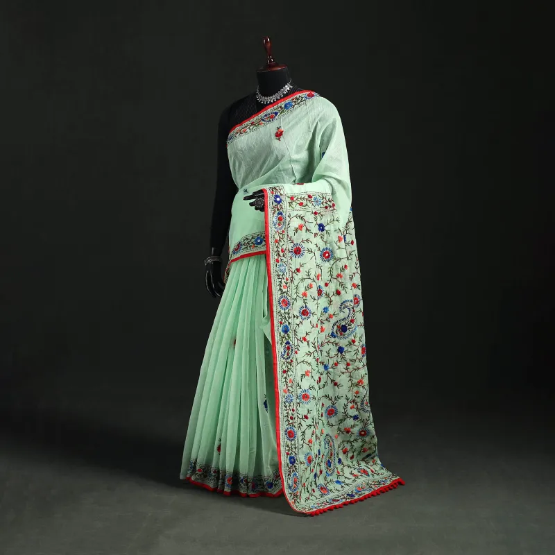 Green - Hand Embroidered Chapa Work Silk Cotton Saree 25 made by Itokri