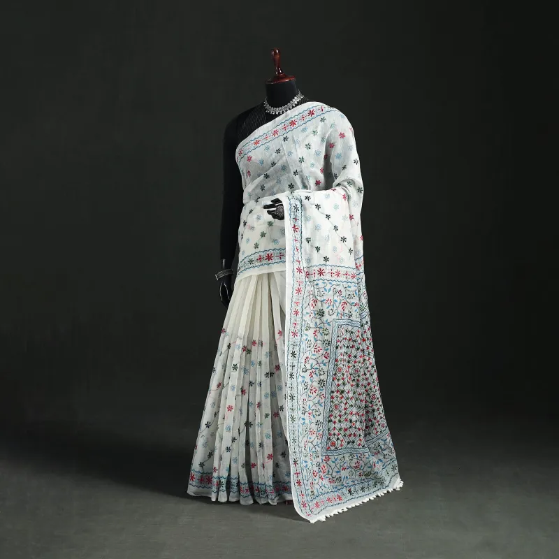 White - Hand Embroidered Chapa Work Silk Cotton Saree 14 made by Itokri