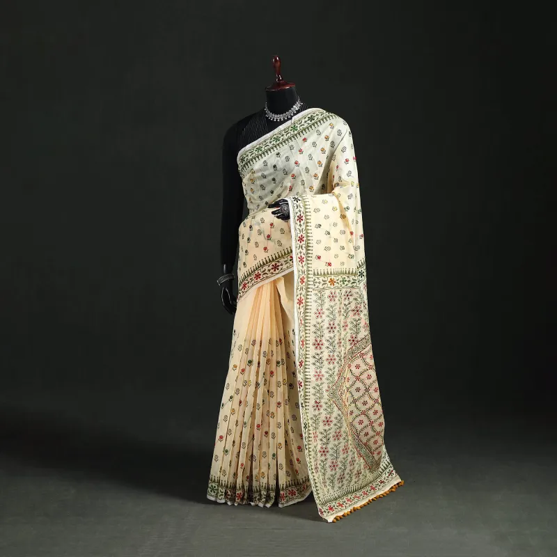Beige - Hand Embroidered Chapa Work Silk Cotton Saree 13 made by Itokri