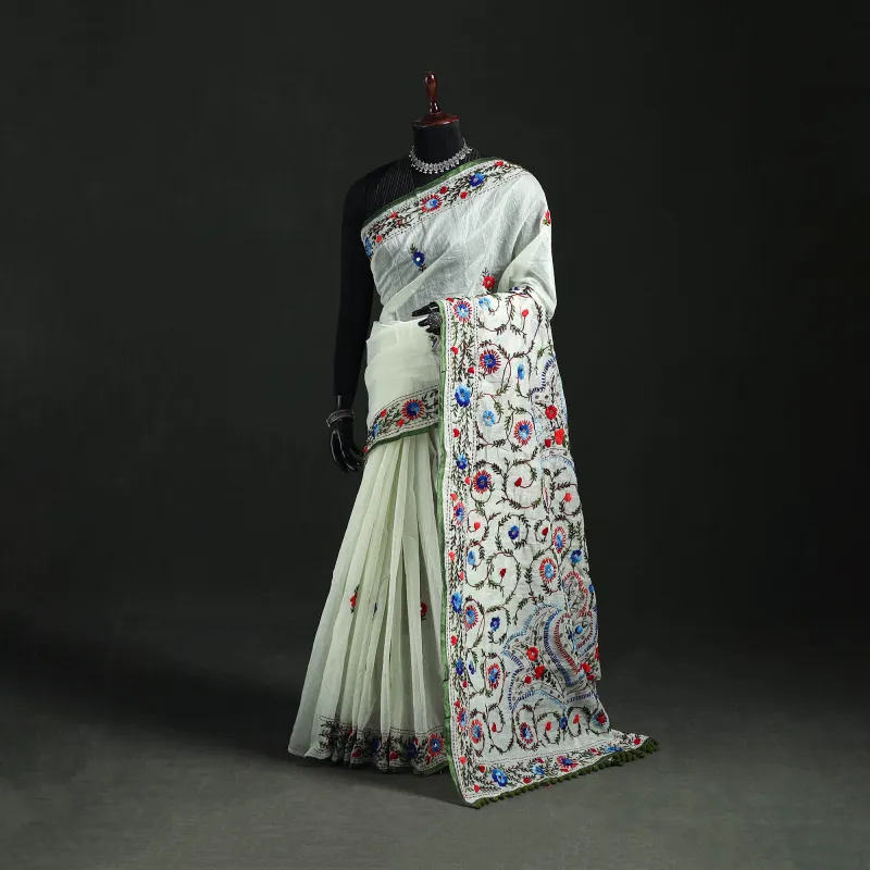 White - Green - Hand Embroidered Chapa Work Silk Cotton Saree 04 made by Itokri
