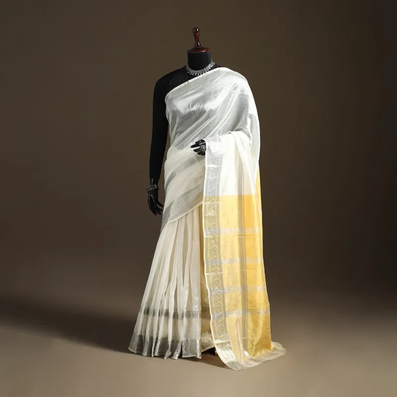 White - Pure Handwoven Mangalagiri Silk Cotton Pattu Saree with Zari Border 30 made by Itokri