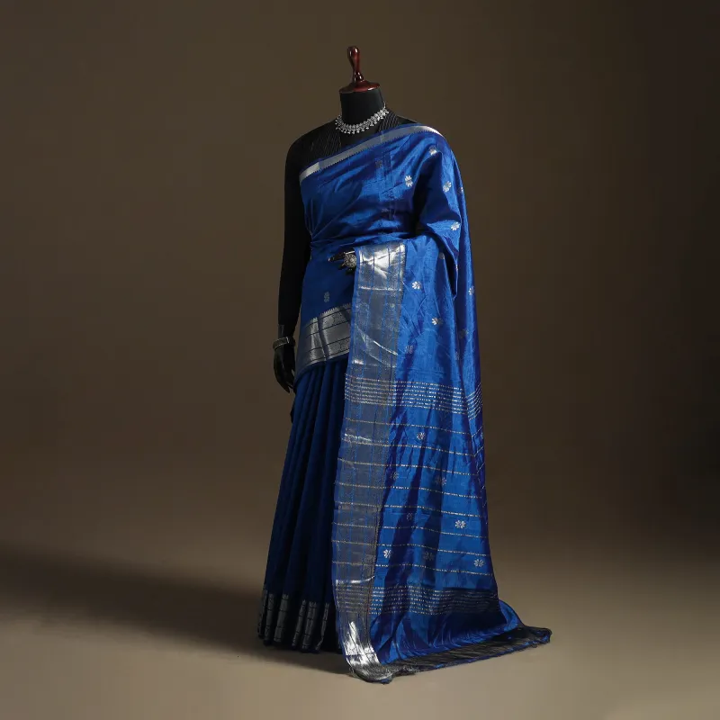 Blue - Pure Handwoven Mangalagiri Silk Cotton Pattu Saree with Zari Border 08 made by Itokri