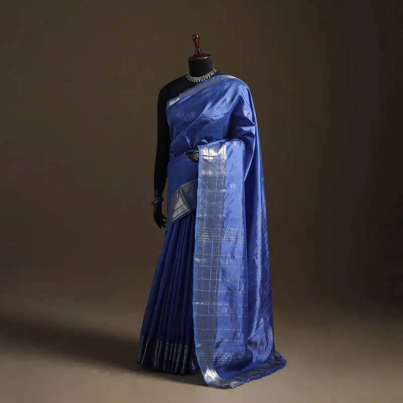 Blue - Pure Handwoven Mangalagiri Silk Cotton Pattu Saree with Zari Border 05 made by Itokri