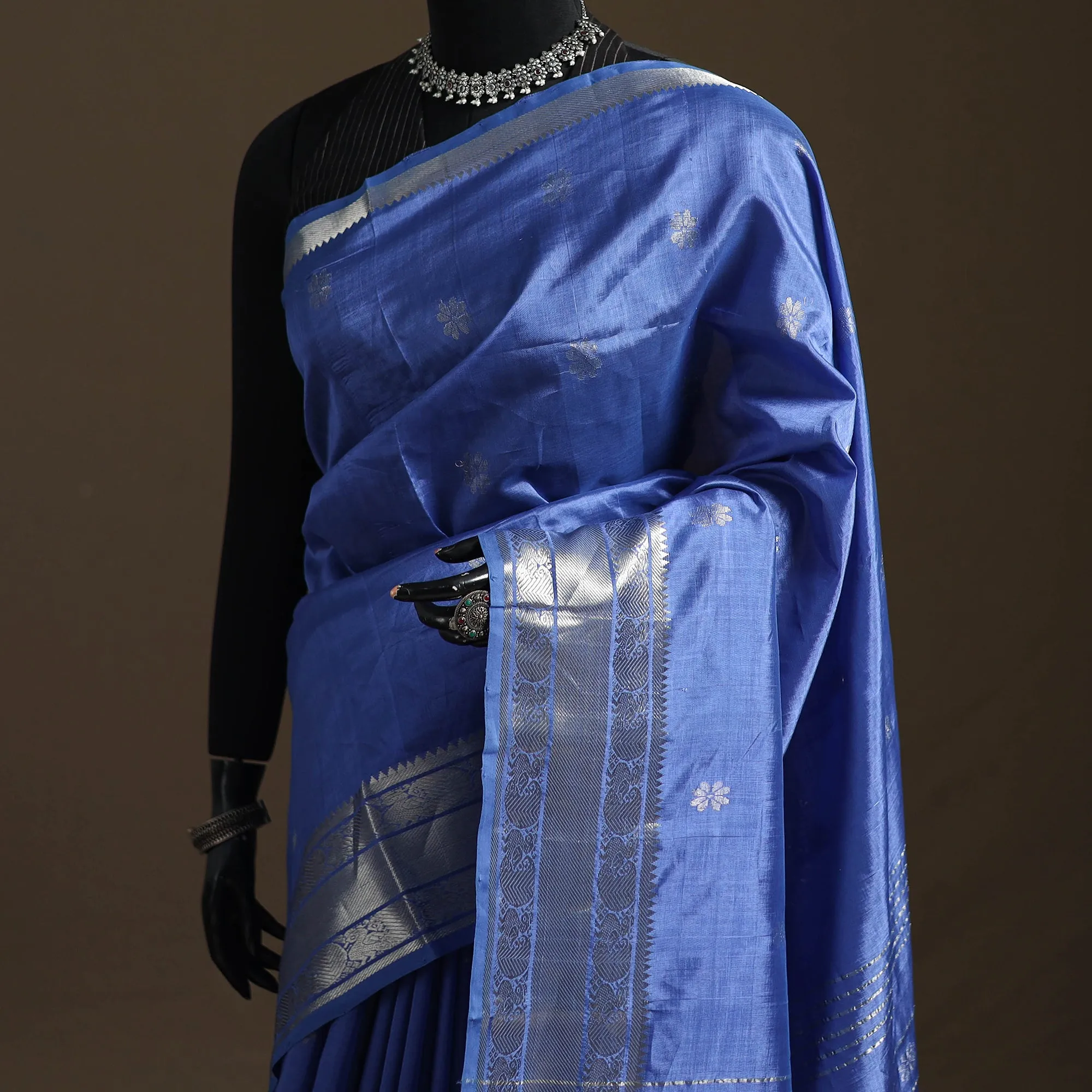 Blue - Pure Handwoven Mangalagiri Silk Cotton Pattu Saree with Zari Border 05 sold by Itokri product image thumbnail 2