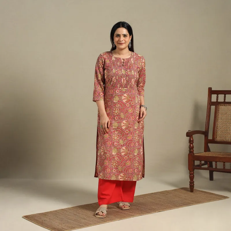 Red - Pintuck Block Print Cotton Straight Sanganeri Kurta 15 made by Itokri