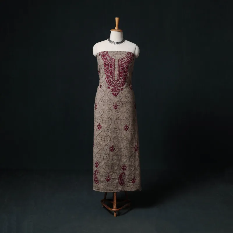 Brown - Chikankari Hand Embroidered Cotton Unstitched Kurta Material (3M) 20 made by Itokri