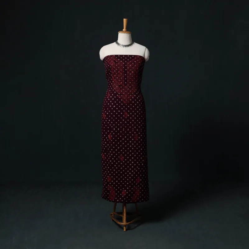 Maroon - Chikankari Hand Embroidered Cotton Unstitched Kurta Material (3M) 14 made by Itokri