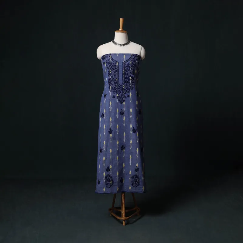 Blue - Chikankari Hand Embroidered Cotton Unstitched Kurta Material (3M) 04 made by Itokri