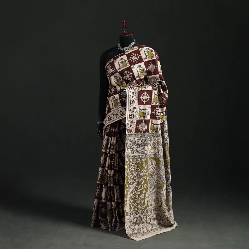 Maroon - Cotton Saree in Kalamkari Print 30 made by Itokri