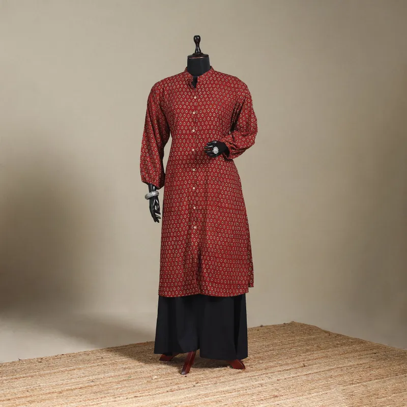 Block Print Natural Dyed Cotton A-Line Ajrakh Long Kurta 01 made by Itokri