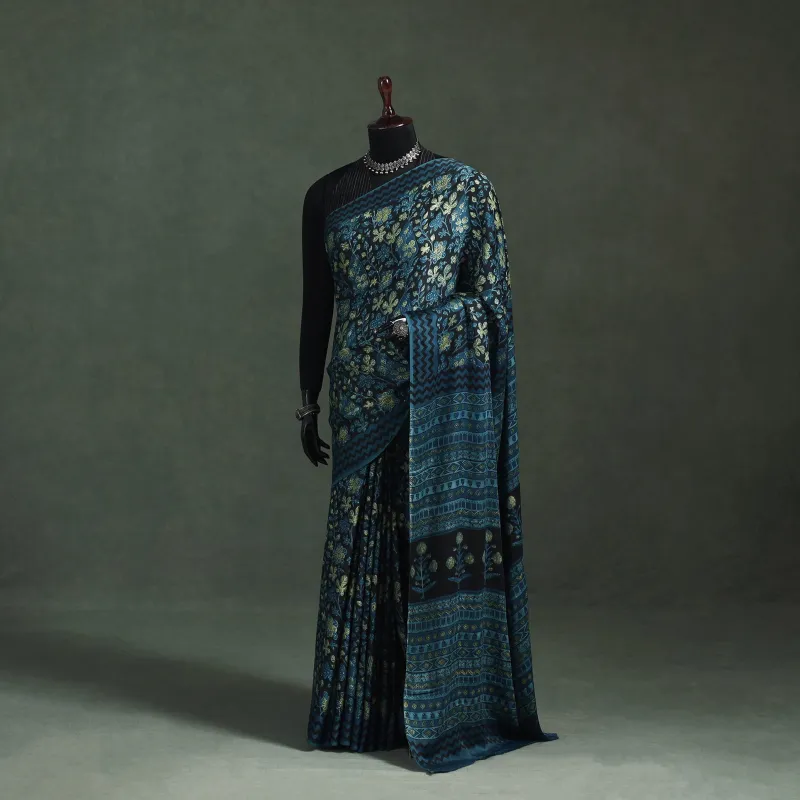 Blue - Bagru Hand Block Print Natural Dyed Modal Silk Saree 07 made by Itokri