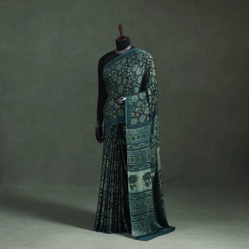 Blue - Bagru Hand Block Print Natural Dyed Modal Silk Saree 05 made by Itokri