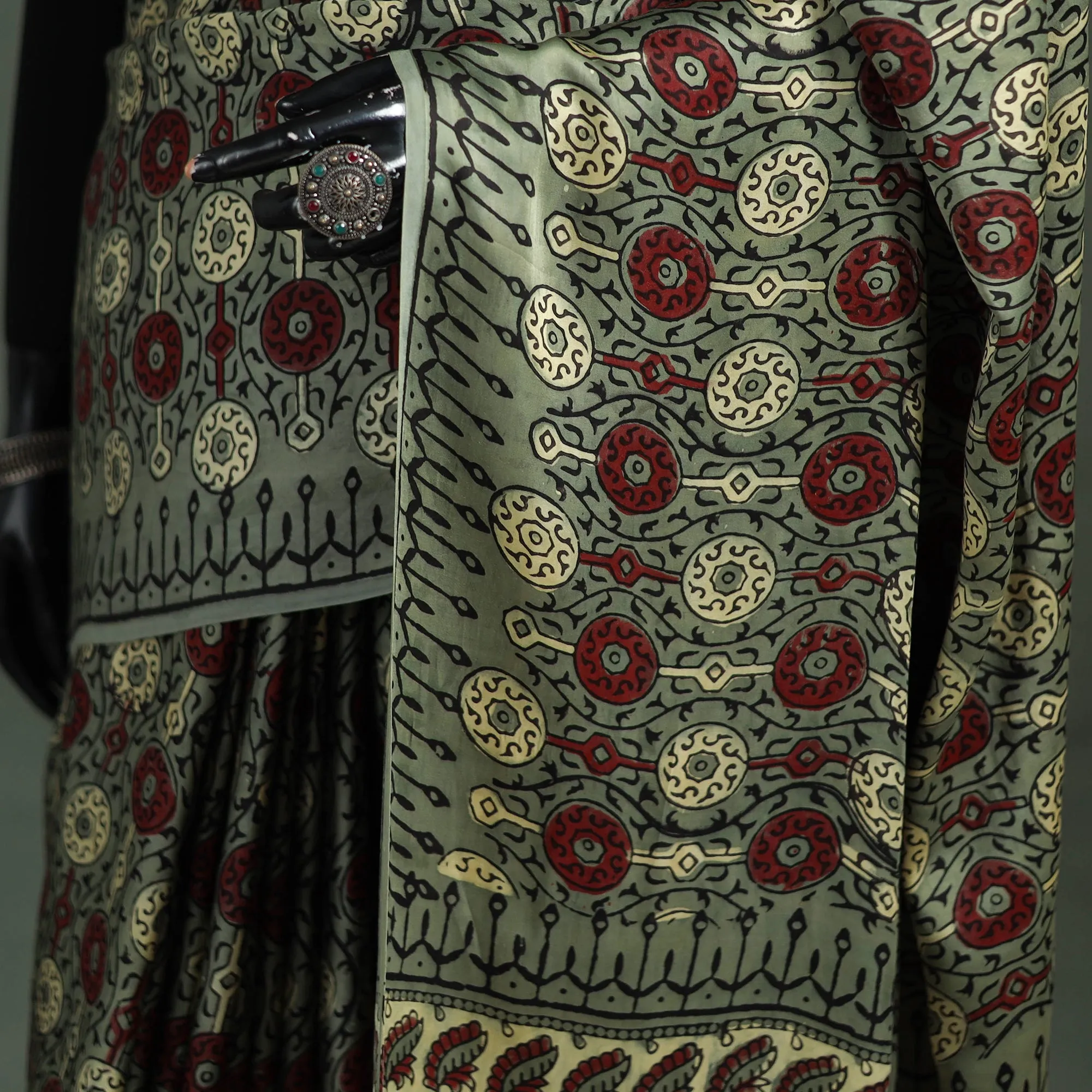 Green - Bagru Hand Block Print Natural Dyed Modal Silk Saree 04 sold by Itokri product image thumbnail 3